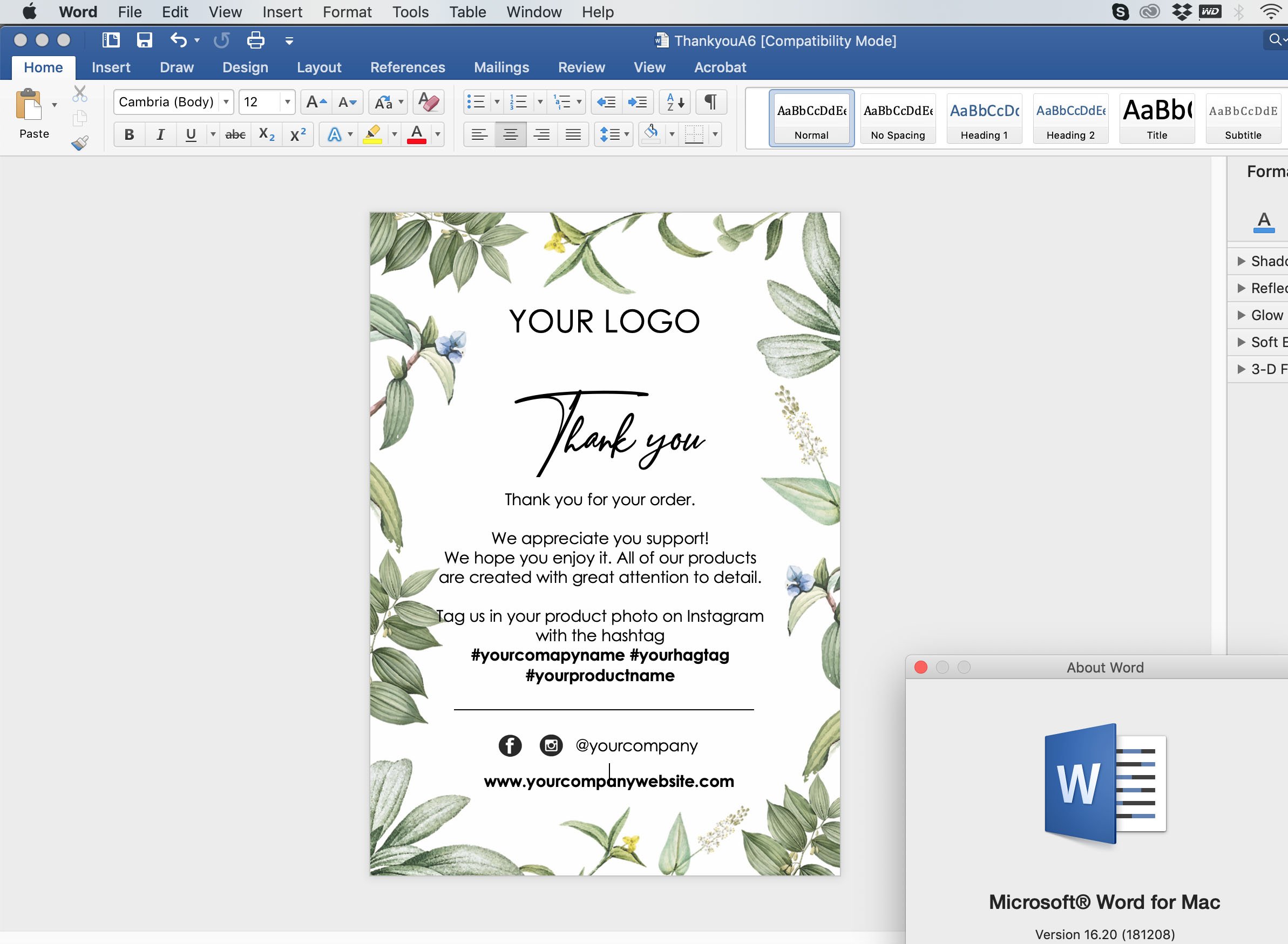 mac software for a thank you card